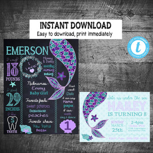Mermaid Birthday Invitation chalkboard Bundle | Edit Yourself Mermaid invite milestone chalkboard | Instant | Chalk Glitter  Purple Teal