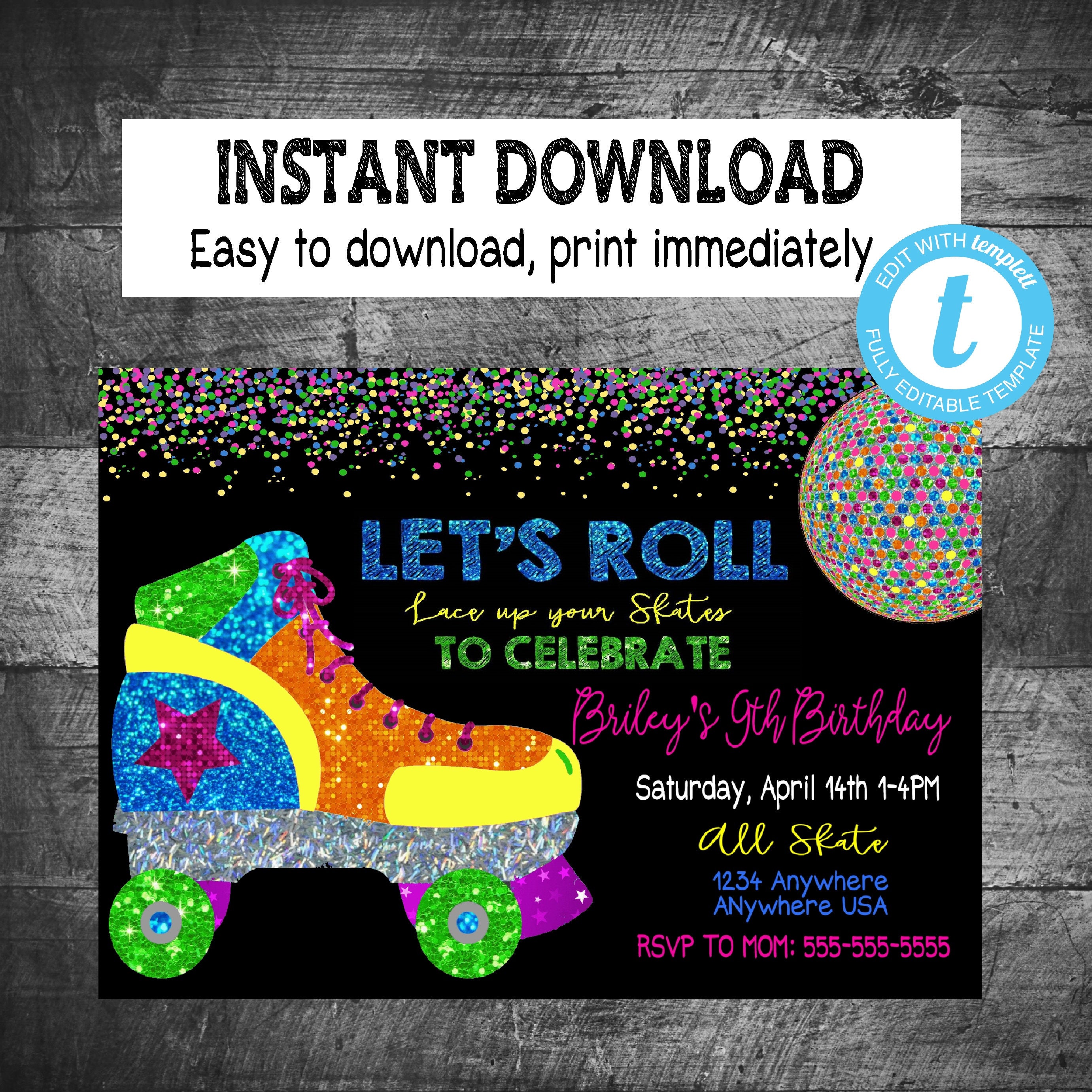 NEON Roller skating Invitation | Edit Yourself 80's Skate invite |Glow  Party Birthday Party, Instant download, Neon Roller skate Birthday, image size:2762x2762