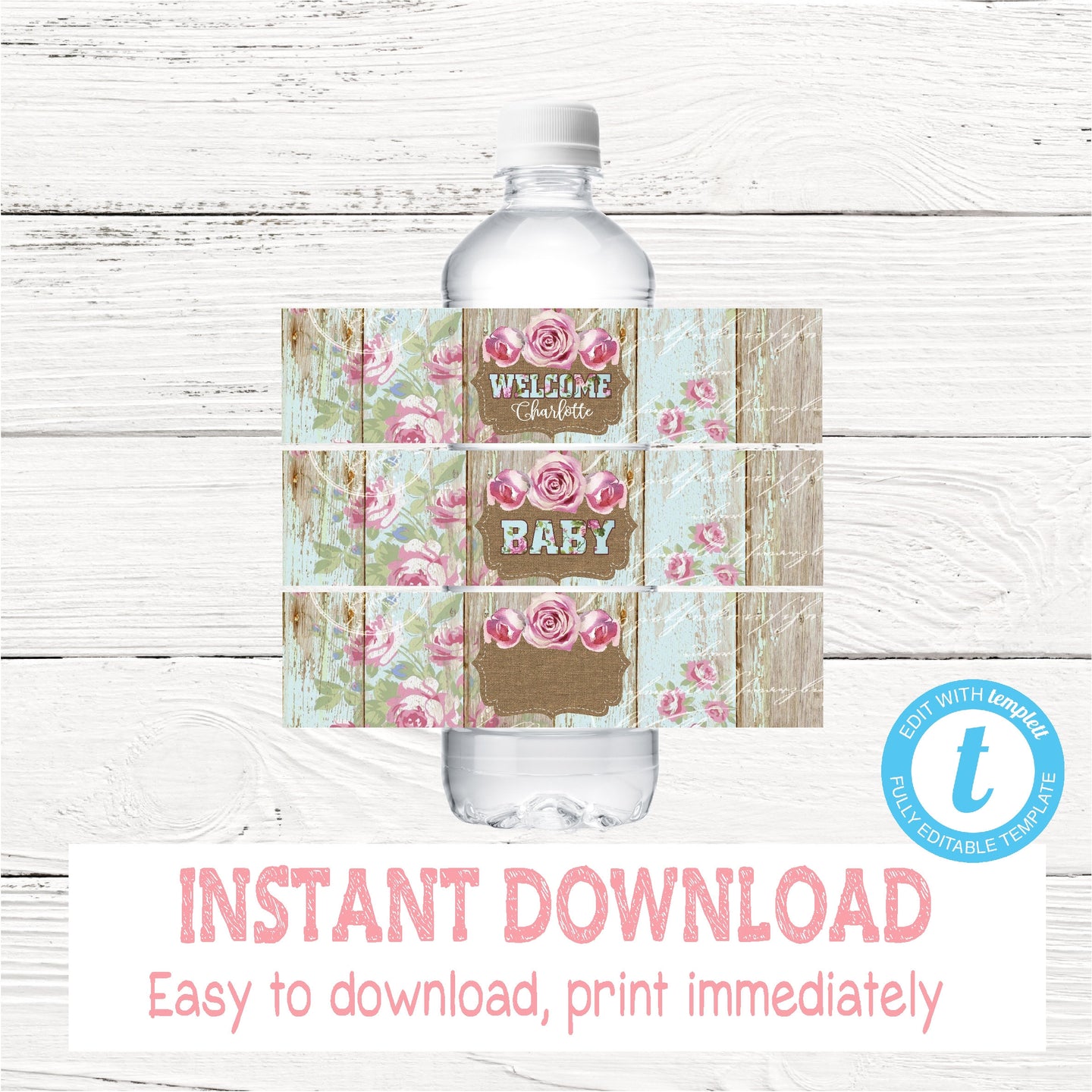 Shabby Chic Water BOTTLE  Label | Edit Yourself Rustic Water Bottle Label | Roses Baby Shower  | Shabby chic Lable | INSTANT DOWNLOAD