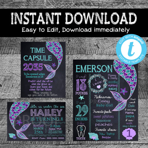 Mermaid Chalkboard Bundle INVITATION time capsule BIRTHDAY BOARD | Mermaid invite | Birthday invite | Glitter purple teal | Digital edit