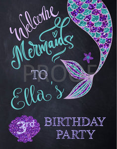 Mermaid Birthday invitation Package digital | Mermaid Invite, Thank You, Cupcake, Welcome | Glitter Purple | Instant Download | Chalkboard
