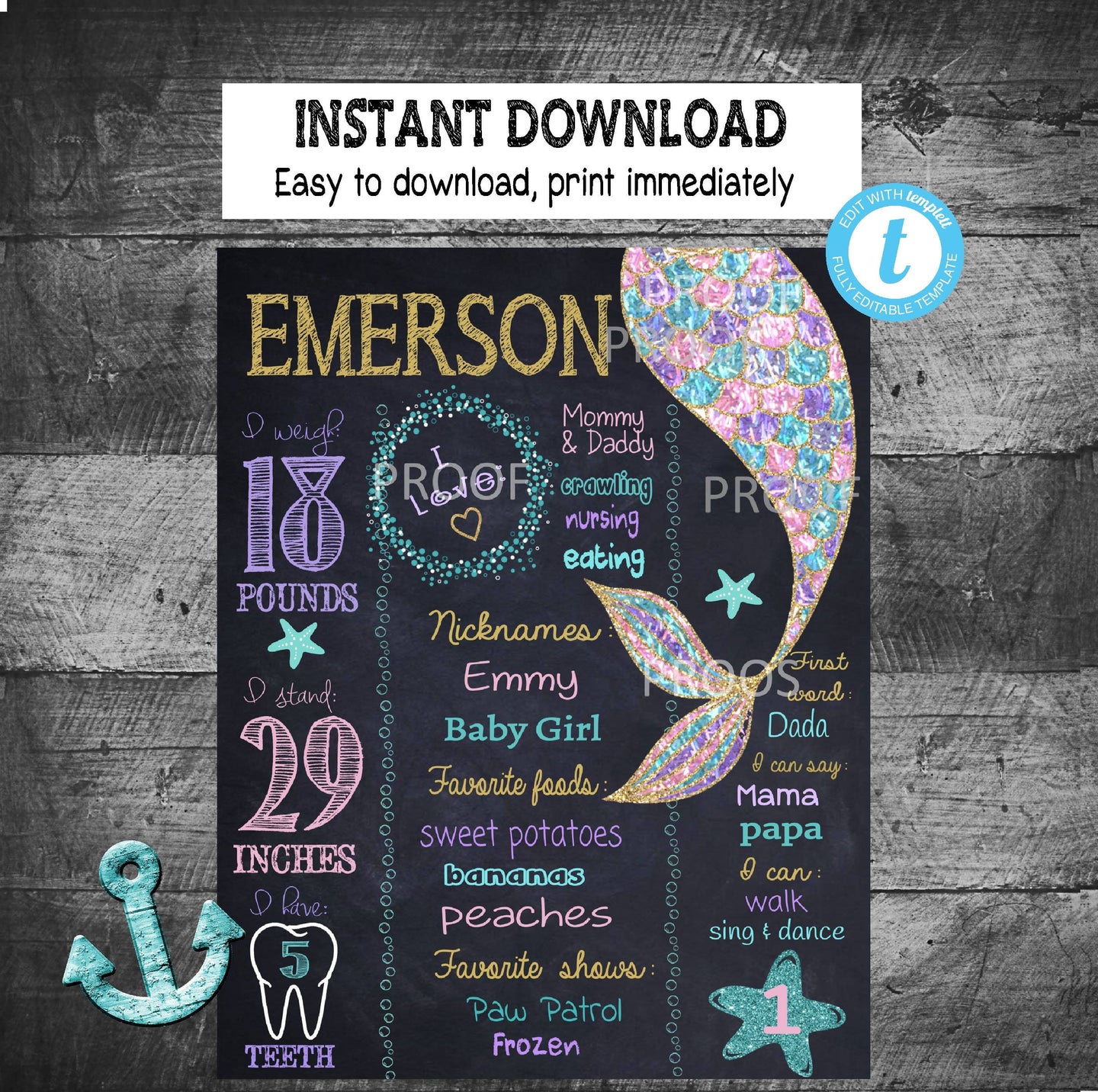 MERMAID Party Chalkboard Birthday Board | Mermaid Birthday | Edit Yourself | Digital Instant Download | Pink Teal Glitter | Milestone
