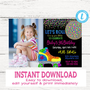 NEON Roller skate Invitation | Edit Yourself 80's Skating invite |Glow Party Birthday Party, Instant download, Neon Roller add picture