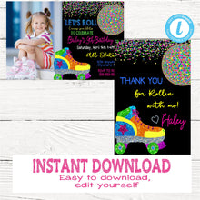 Load image into Gallery viewer, NEON Roller skate Invitation Thank you| Edit Yourself 80&#39;s Skating invite thank you|Glow Party Birthday Party, Instant download, Neon Roller