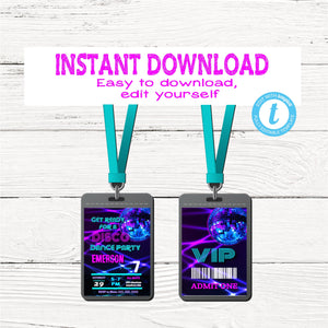 NEON DISCO Invitation Vip pass | Edit Yourself VIP, Disco Dance Party, Backstage pass, Invitation Birthday Instant Download, Glow 80's Party