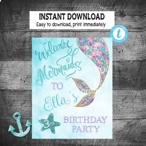 MERMAID Welcome Sign | Mermaid Party Sign | Digital Instant Download | Edit yourself | Mermaid Party Decoration