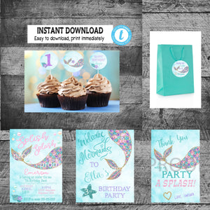 Mermaid Birthday Bundle | Mermaid Party Package | Invitation | Thank you | Welcome Sign | Cupcake Topper | Favor tags | Instant download