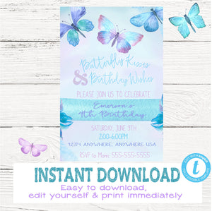 Butterfly  INVITATION | Butterflies Birthday Invitation | Pastel Birthday Invite | Edit Yourself | Digital Instant Download| Watercolor