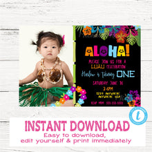 Load image into Gallery viewer, Hawaiian Invitation, Tiki Party Invitation, Luau Invitation, Aloha Invite, Luau Party, Picture Tropical, Edit Yourself, Instant Download