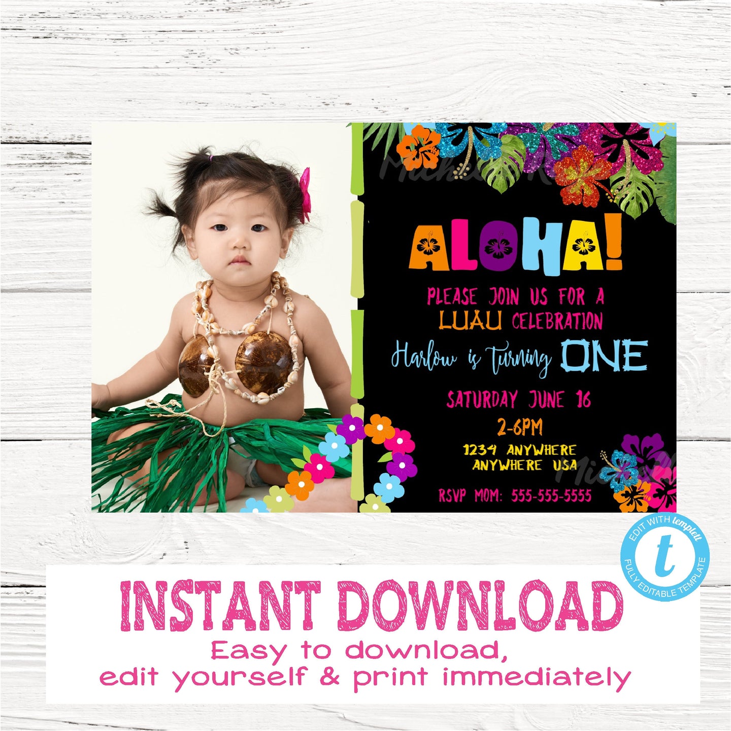 Hawaiian Invitation, Tiki Party Invitation, Luau Invitation, Aloha Invite, Luau Party, Picture Tropical, Edit Yourself, Instant Download