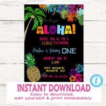 Load image into Gallery viewer, Hawaiian  Invitation, Tiki Party Invitation, Pineapple Invitation, Aloha Invite, Luau Party, Tropical Edit Yourself, Instant Download
