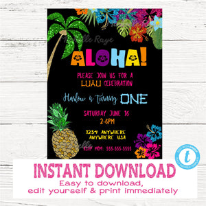 Hawaiian  Invitation, Tiki Party Invitation, Pineapple Invitation, Aloha Invite, Luau Party, Tropical Edit Yourself, Instant Download