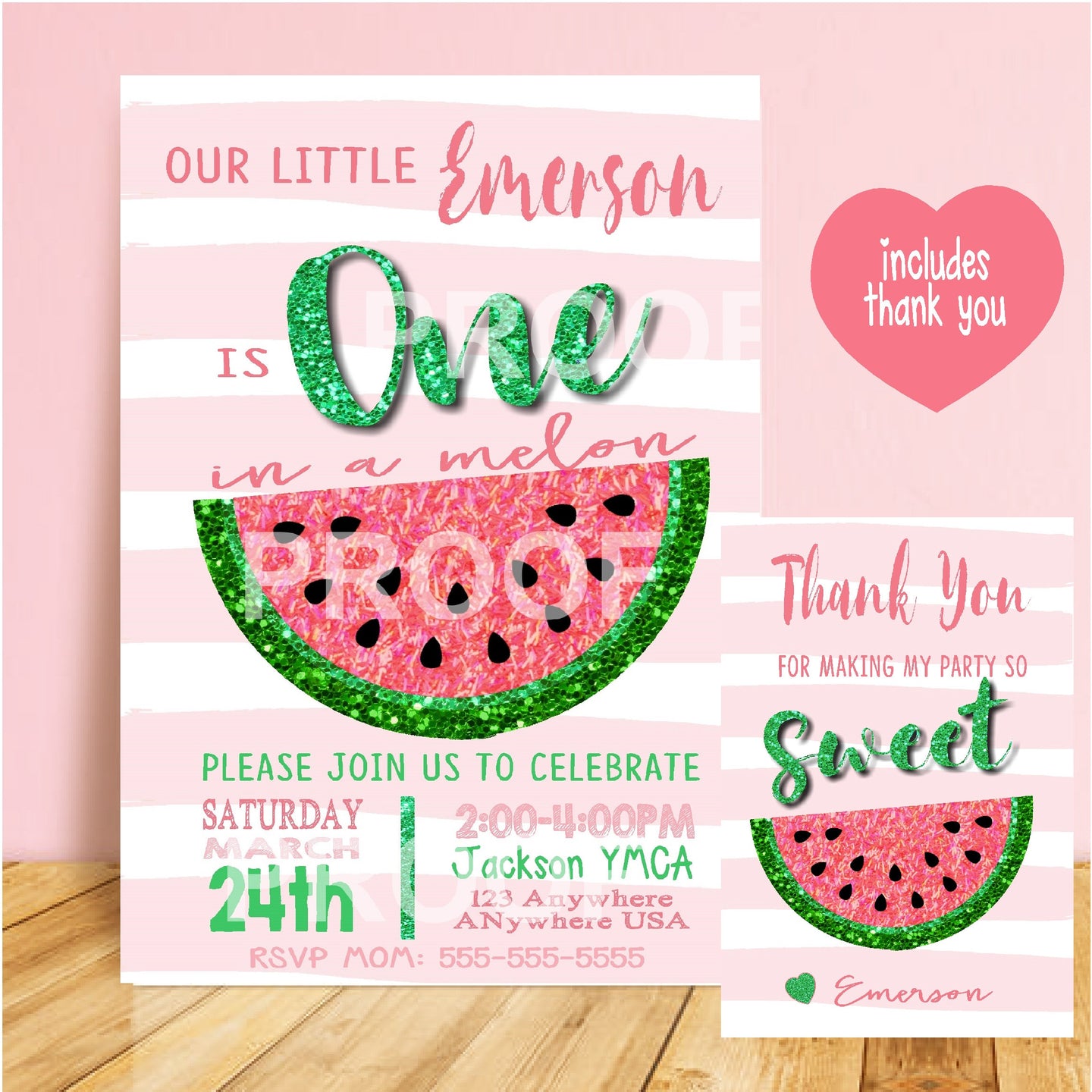 Watermelon Birthday Invitation Thank You, One in a melon Birthday Invitation , Tutti Fruity Pink Glitter Invite, Watermelon, Little Sweetie