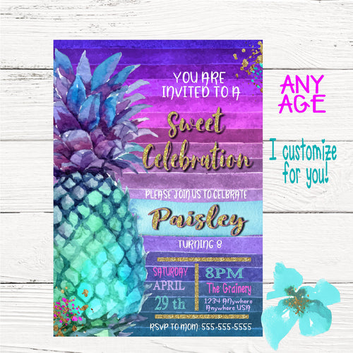 Pineapple Summer Invitation,  Summer tropical Invite, Pool Party Invitation, aloha, Luau Invites Pineapple, Digital  Tropical, watercolor