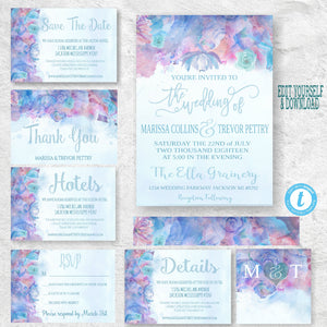 Watercolor Wedding Invitation,  Whimsical Invitation Set, DIY  Cards,  Printable, Template, Instant Download, Wedding, Wedding Bundle,