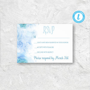 Watercolor Blue White Teal Wedding Invitation,  Whimsical Invitation Set, DIY,  Printable, Template, Instant Download, Wedding Bundle,