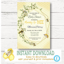Load image into Gallery viewer, Bee baby Shower Invitation Diaper Raffle, Greenery Baby Shower, Bumblebee Gender Neutral, Geometrical, Watercolor  Baby, edit yourself