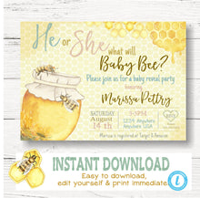Load image into Gallery viewer, Bee Gender Reveal Invitation, Baby Shower, Bumblebee, He or She what will it be,  Watercolor, digital invite. Honey Bee. Baby shower Bee