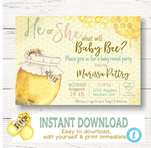 Bee Gender Reveal Invitation, Baby Shower, Bumblebee, He or She what will it be,  Watercolor, digital invite. Honey Bee. Baby shower Bee