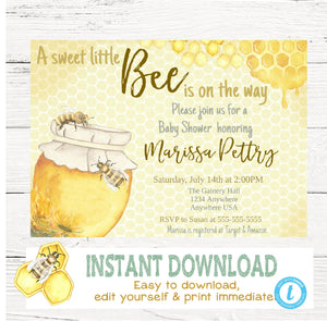 Bee Baby Shower Invitation , Honey Bee Baby Shower, Bumblebee, Watercolor Bee invite, Mommy to bee, Watercolor, digital, edit yourself
