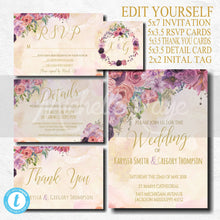 Load image into Gallery viewer, Printable Floral Wedding Invitation Template, Wedding Invitation Set, DIY Wedding Cards, Download, Edit yourself suite, Rustic Coral purple