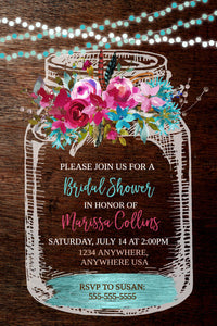 Boho Bridal Shower Rustic Mason Jar Invitation, Country invite, Purple Flower Invitation, Lights. Floral Watercolor, Template, You edit DIY
