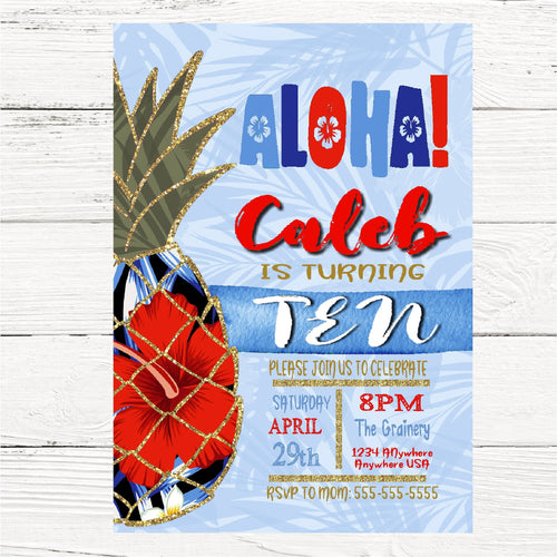 Pineapple  Summer Invitation,  Boys Summer tropical Invite, Pool Party Invitation, aloha, Boys Luau Invites Pineapple, Digital, watercolor