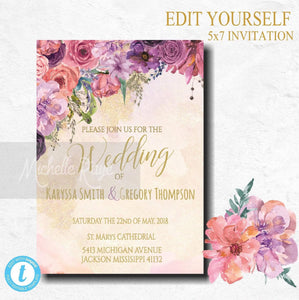 Wedding Invitation Printable | Instant Download Wedding Invite | You Edit | Purple Coral Peach Floral Invitation template | Editable invite