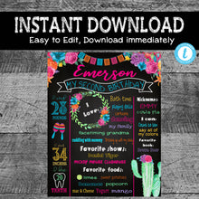 Load image into Gallery viewer, Fiesta Birthday Chalkboard | Fiesta Milestone Poster | Printable | Editable | Instant Download | 11x14 | 16x20 | Cactus | Mexicana