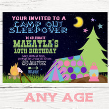 Load image into Gallery viewer, Camping invitation, Girls Camping Birthday invite, Camp Birthday or, Sleepover Birthday Invitation,  Digital file, camping birthday party