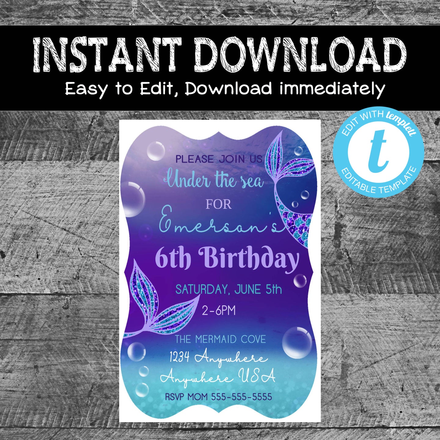 MERMAID Birthday Invitation | Mermaid Party Invite | Printable | Editable | Instant Download | Bubbles | Under the Sea | Sparkle | Gitter