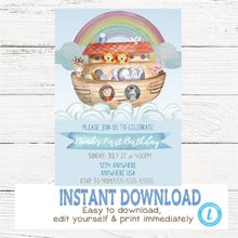 Load image into Gallery viewer, Noahs Ark Birthday invitation, Boys Invite, Noahs Ark Birthday Party, Printable Birthday Invitation, Edit yourself Instant download,