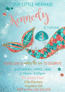 Mermaid Invitation, Coral Mermaid Birthday Invite, Mermaid Party, Under the Sea, First Birthday, Mermaid, Sparkle, Glitter, Aqua Teal Coral