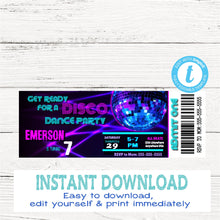 Load image into Gallery viewer, NEON DISCO Ticket  Invitation | Edit Yourself VIP, Disco Dance Party, Ticket, Invitation Birthday Instant Download, Glow 80&#39;s Party