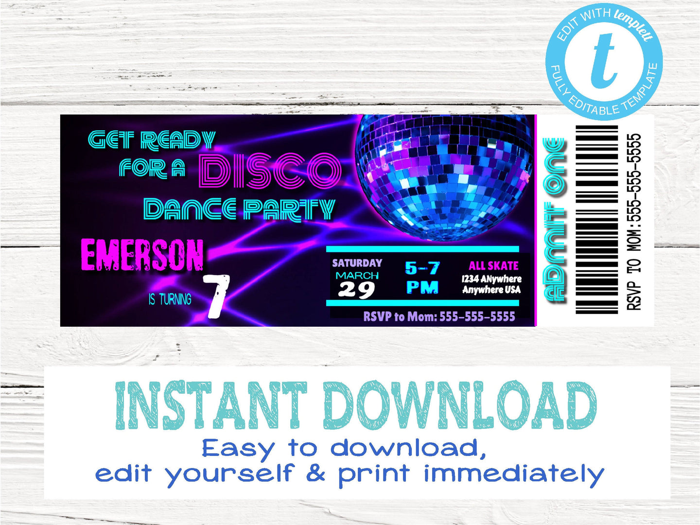 NEON DISCO Ticket  Invitation | Edit Yourself VIP, Disco Dance Party, Ticket, Invitation Birthday Instant Download, Glow 80's Party