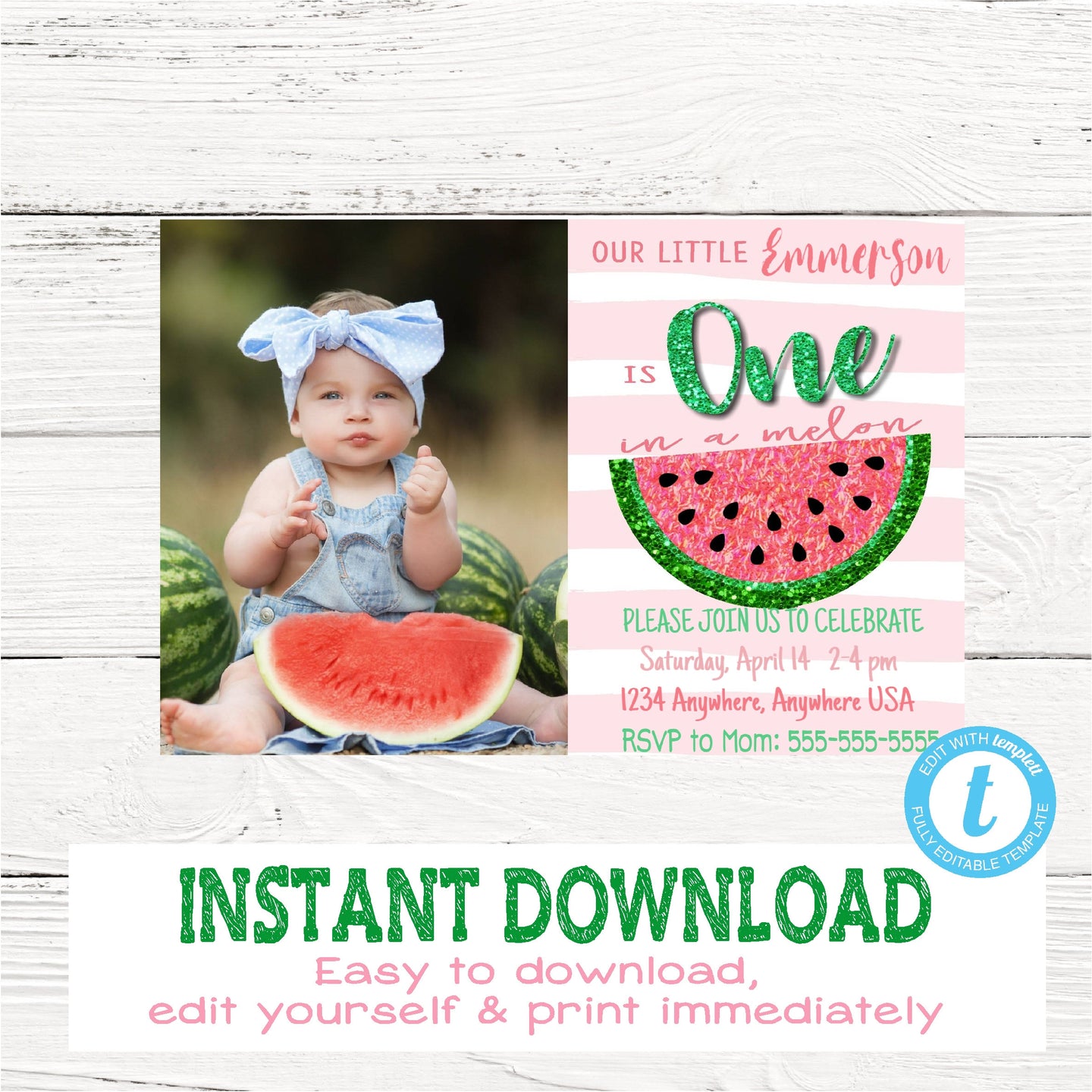 Watermelon Invitation, Watermelon Picture  Birthday Invite, One in a Melon, 1st Birthday, First Birthday, Edit Yourself Instant Download