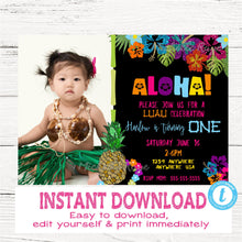Load image into Gallery viewer, Hawaiian Invitation, Tiki Party Invitation, Pineapple Invitation, Aloha Invite, Luau Party, PictureTropical Edit Yourself, Instant Download