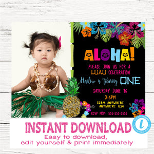 Hawaiian Invitation, Tiki Party Invitation, Pineapple Invitation, Aloha Invite, Luau Party, PictureTropical Edit Yourself, Instant Download