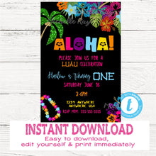 Load image into Gallery viewer, Hawaiian Birthday Invitation, Tiki Party Invitation, Glitter Invitation, Aloha Invite, Luau Party, Tropical Edit Yourself, Instant Download