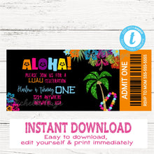 Load image into Gallery viewer, Hawaiian Ticket invite, Tiki Party Invitation, Pineapple Invitation, VIP Aloha Invite, Luau Party, Tropical Edit Yourself, Instant Download