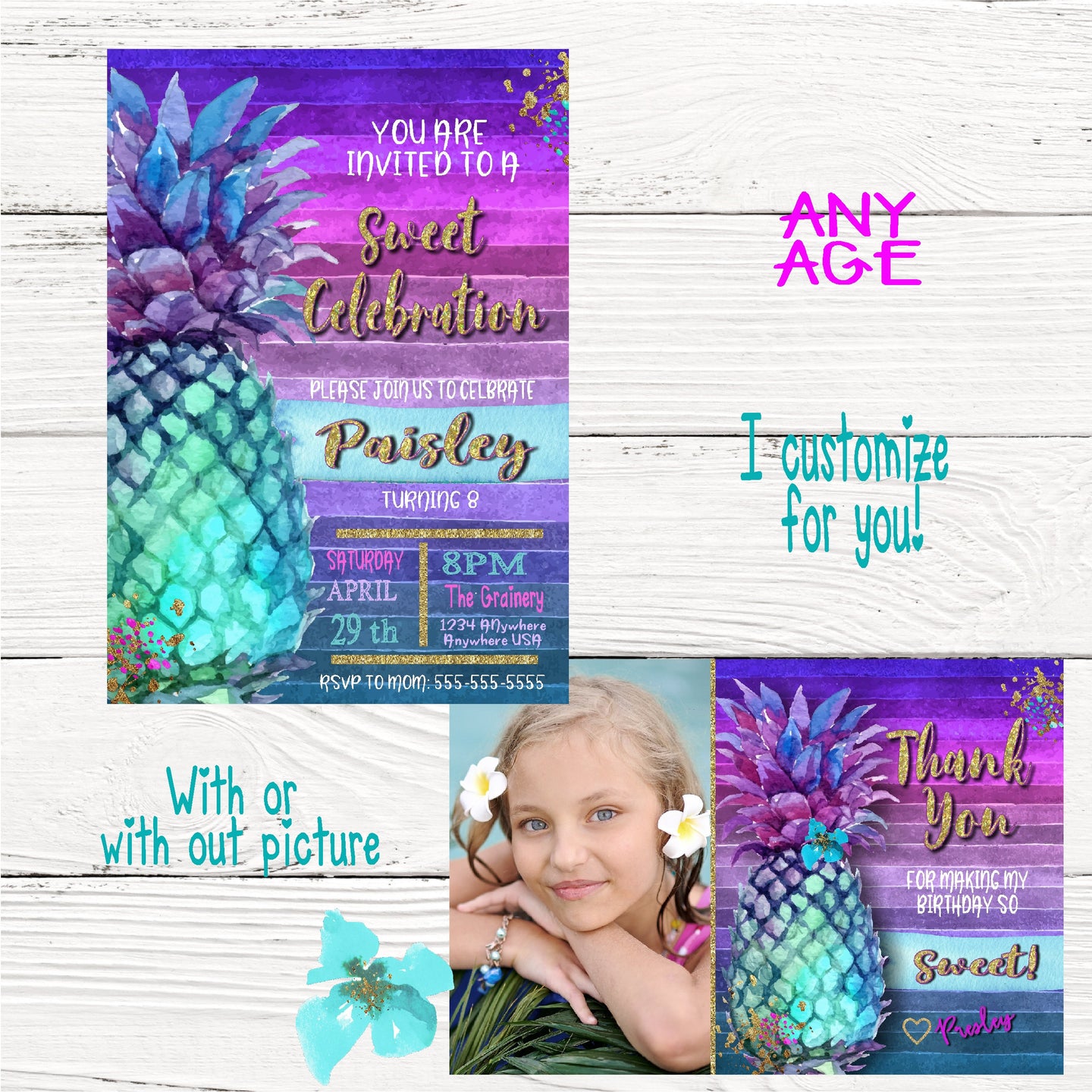 Pineapple Invitation, Thank You card, Summer tropical Invite, Pool Party Invitation, Summer BBQ, Aloha, Luau Invites Pineapple,  Tropical