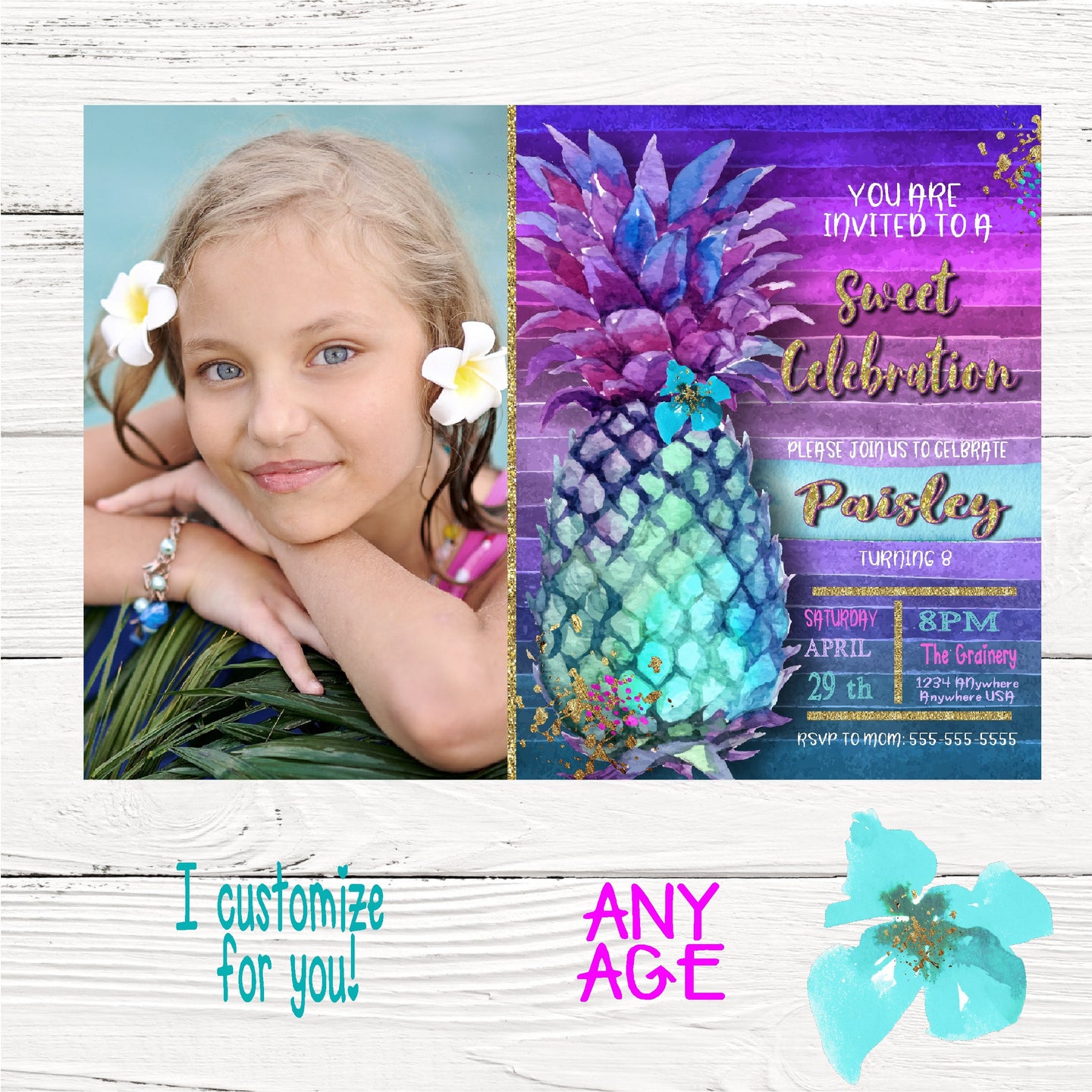 Pineapple Summer Invitation,  Summer tropical Invite, Pool Party Invitation, aloha, Luau Invites Pineapple, Digital  Tropical, watercolor