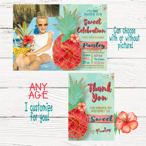 Pineapple Tropical Invitation, Thank You card, Summer BBQ Invite, Pool Party Invitation, aloha, Luau Invites Pineapple, Digital  Tropical