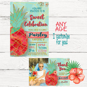 Pineapple Tropical Invitation, Thank You card, Summer BBQ Invite, Pool Party Invitation, aloha, Luau Invites Pineapple, Digital  Tropical