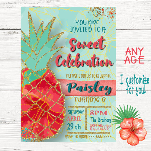 Pineapple  Invitation,  Summer tropical Invite, Pool Party Invitation, aloha, Luau Invites Pineapple, Digital, watercolor, Tropical Summer