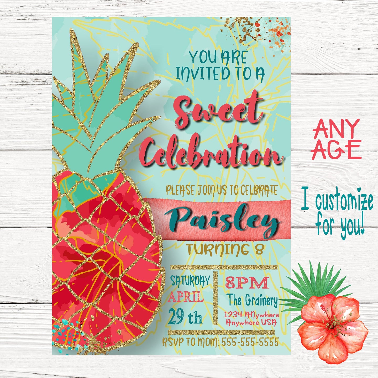 Pineapple  Invitation,  Summer tropical Invite, Pool Party Invitation, aloha, Luau Invites Pineapple, Digital, watercolor, Tropical Summer