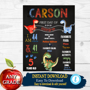 Dinosaur First Day of School Sign, Back to school Printable Chalkboard Poster, Dino First day of Kindergarten, Any Age or Grade, DIY