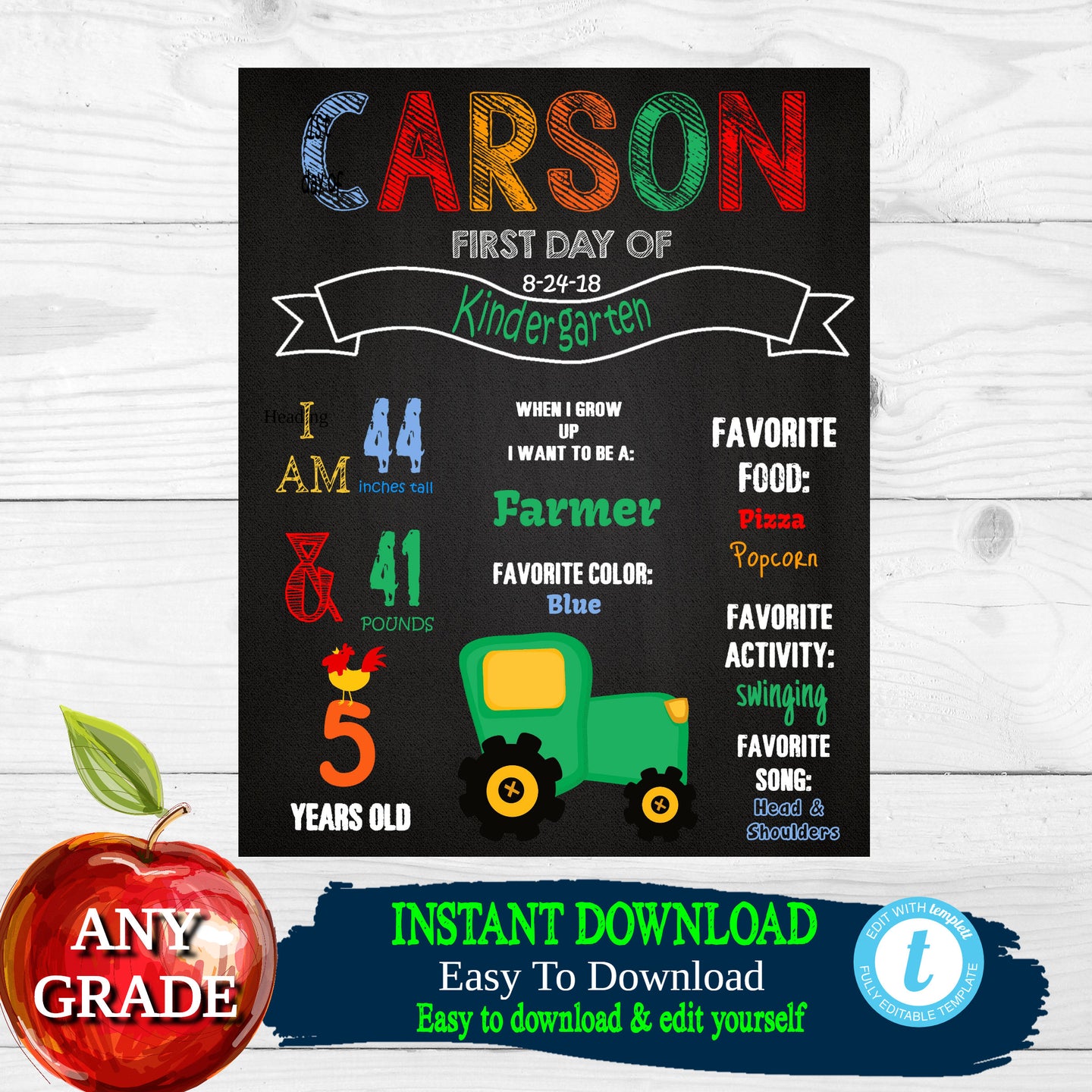 Tractor First Day of School Sign,  Back to school Printable Chalkboard Poster,  Farmer First day of Kindergarten , Any Age or Grade, DIY