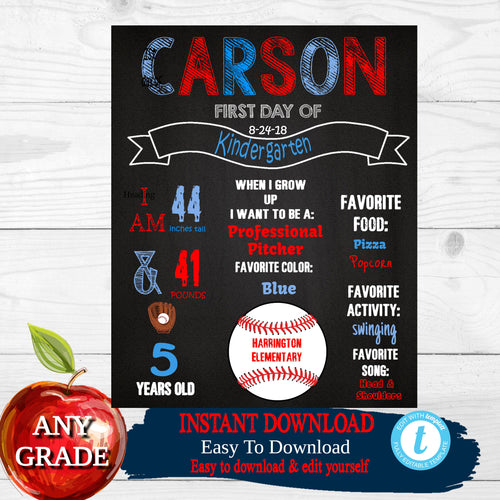 Baseball First Day of School Sign,  Back to school Printable Chalkboard Poster,  First day of Kindergarten , Any Age or Grade, DIY