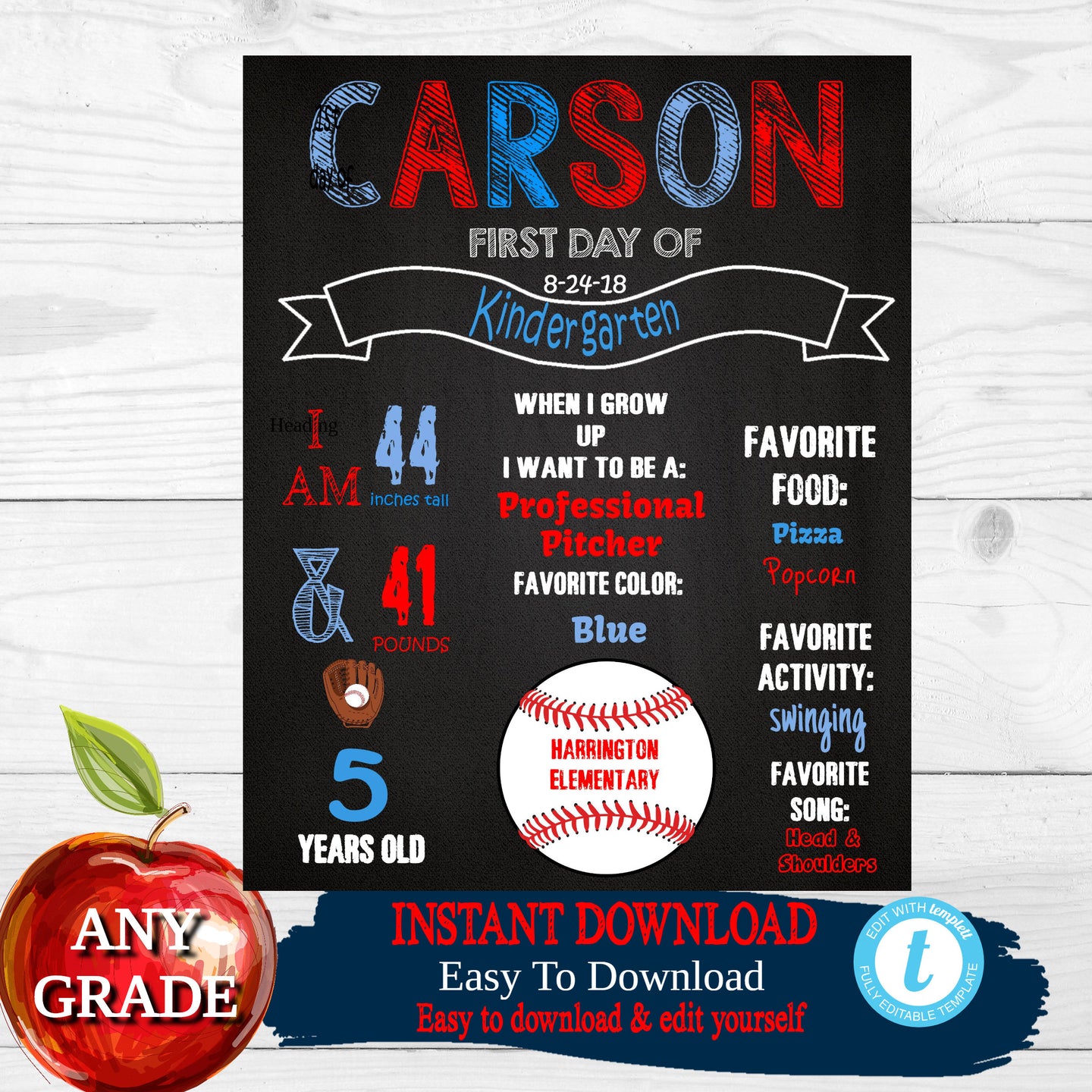 Baseball First Day of School Sign,  Back to school Printable Chalkboard Poster,  First day of Kindergarten , Any Age or Grade, DIY